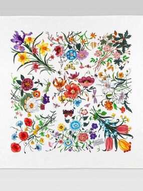 Display #2 New Gucci Flora Print White Silk Scarf